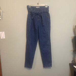 Refuge Womens Ultra High Rise Paperbag Waist Belted Tapered Jeans Blue Size 2‎